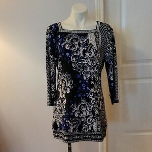 White House Black Market Black and Blue Scroll Print Floral Dress Size L